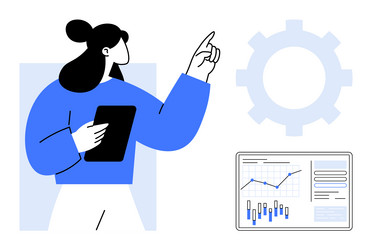 woman analyzing data with tablet and display vector image