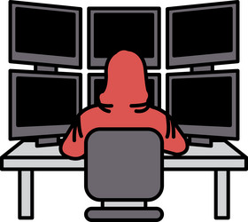 a man in red hoodie sits front of computer vector image