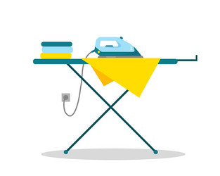 Iron and clothes on an ironing board vector