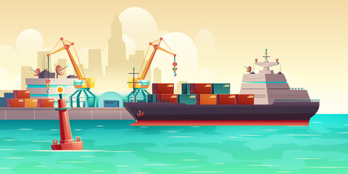 cargo ship loading in port cartoon vector