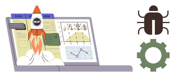 product launch with rocket on laptop screen amid Vector Image