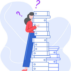 puzzled and pensive woman with stack folders vector