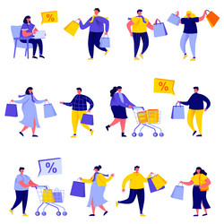 set of flat people shopping bags and carts vector