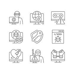 Cyber attacks types linear icons set vector