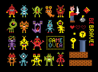 set of pixel video game characters in retro vector image