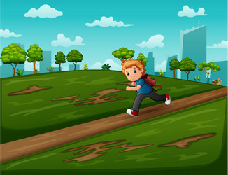 Cartoon a boy running on road vector