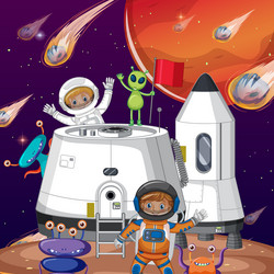 outer space planet with astronauts and comets vector