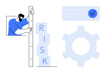 man measuring stacked risk blocks with ruler vector image