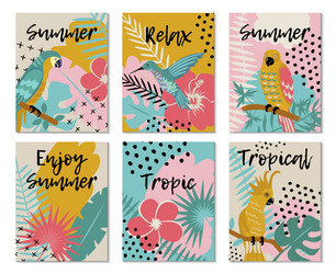 Tropical birds and flowers set vector