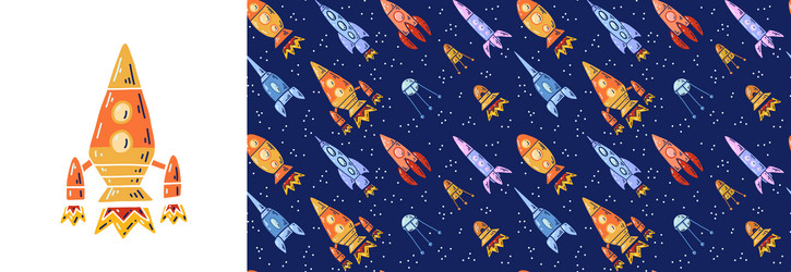set of card with rocket and seamless pattern vector image