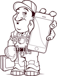 Builder character with tools and phone vector