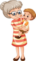 old lady carrying little boy on white background vector