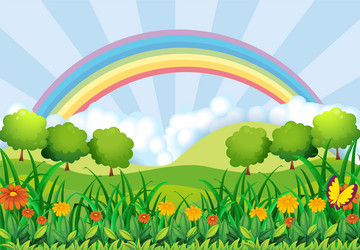 Rainbow clouds blue sky and grass Royalty Free Vector Image