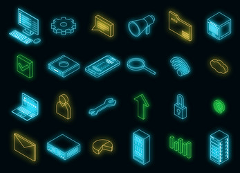 Data center icons set neon vector