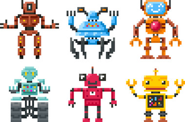 pixel robots icons 8 bit bots isolated set vector