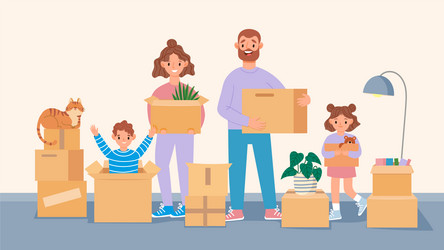 Happy moving family cartoon parents and kids move vector