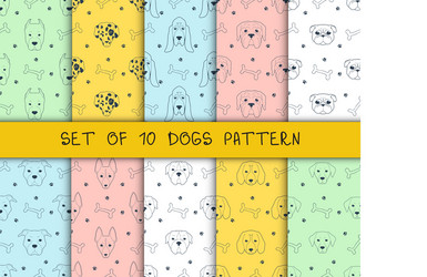 Set of 10 seamless patterns with different breeds vector