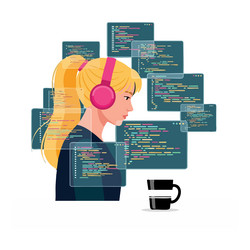 female programmer coding software with headphones vector image