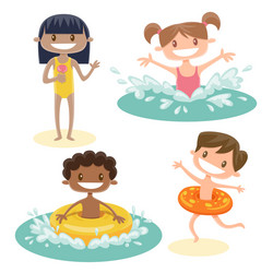 Set isolated cartoon kids playing at beach vector