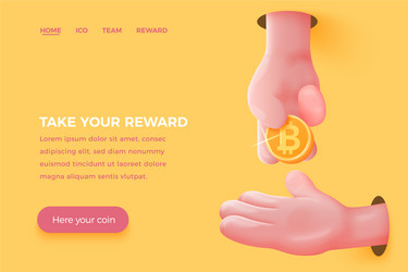 Cartoon realistic hand give golden bitcoin vector