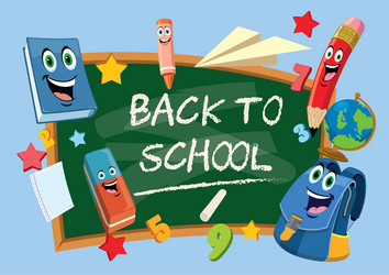 Back to school student bag and green chalkboard Vector Image