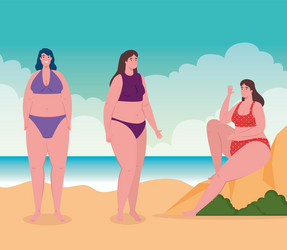 Cute plump women with swimsuit on beach group Vector Image