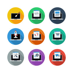 laptop programming circle flat icon set vector