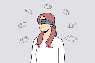 blindfolded woman stalked with numerous eyes vector