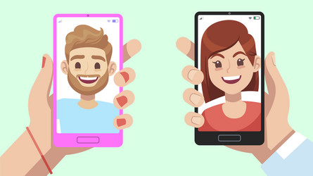 smartphone with virtual relationship app hands vector image