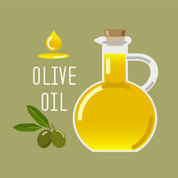 Olive oil in a glass bottle and green olives vector