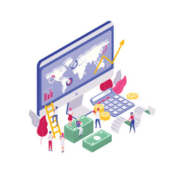scene with tiny people walking near computer vector image