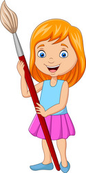 cartoon little girl holding big paintbrush vector