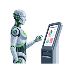 humanoid robot analyzing data on interactive vector image