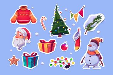 Christmas Stickers: Santa, Snowman & Tree Vector Image
