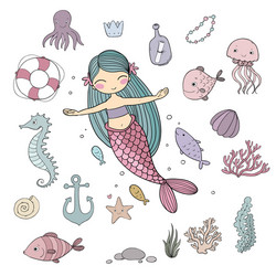 Cute Marine Cartoon Set Vector Image