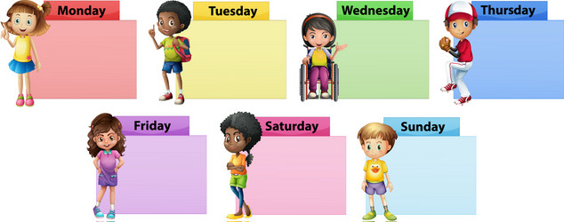 Seven days of the week note template with kids vector