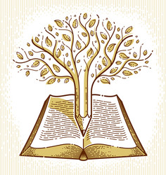 Tree combined with pencil over open vintage book vector