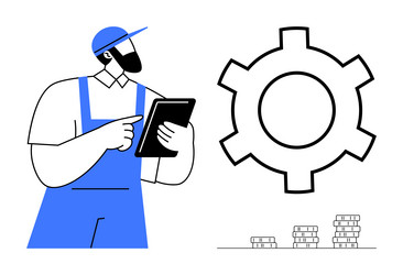 worker in uniform analyzing tablet data next vector image