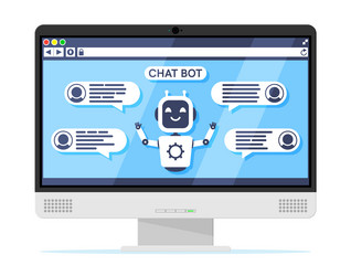 Computer with chat bot speak in bubble on screen vector