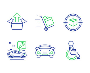 Parcel tracking push cart and car icons set vector