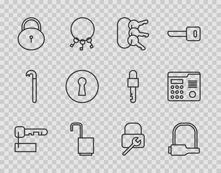 set line marked key bicycle lock bunch of keys vector image