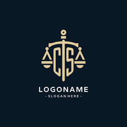 cs initial logo with scale of justice and shield vector image