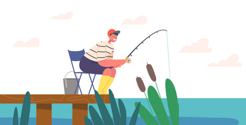 child fisherman fishing with rod on wooden pier vector