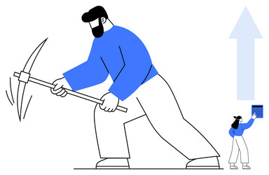 man mining with pickaxe and woman analyzing data vector image