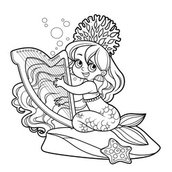 Cute little mermaid girl sit on stone and playing vector