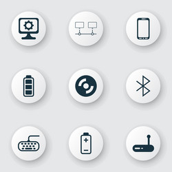set of 9 computer hardware icons includes battery vector image