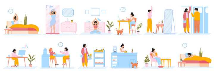 Daily women routine everyday woman work vector