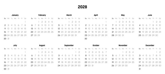 Monthly calendar of year 2028 Royalty Free Vector Image