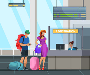 man and woman in queue during check-in at airport vector image