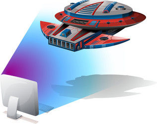 Spaceship flying out of computer screen vector